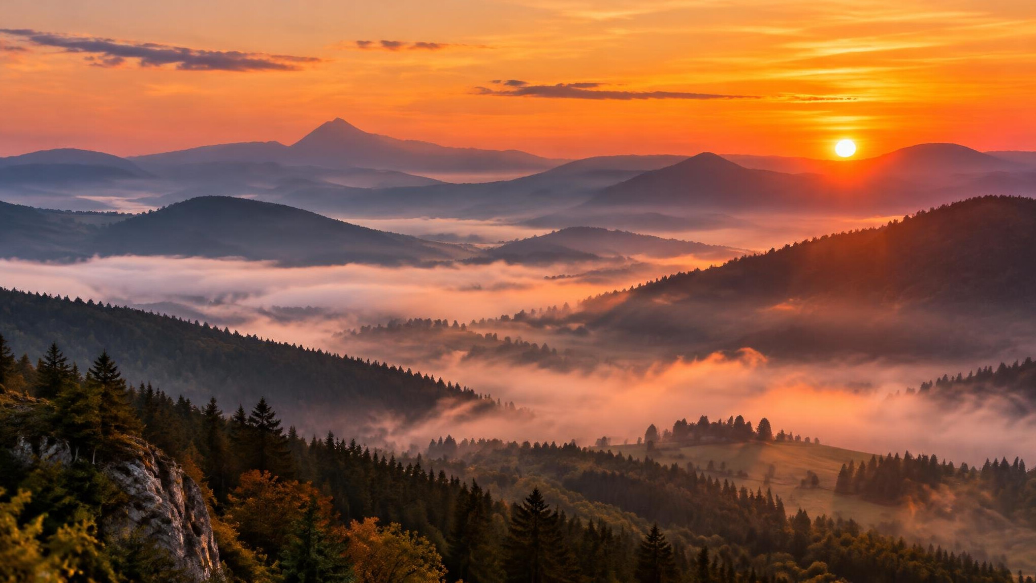 Sun setting over mountains and fog
