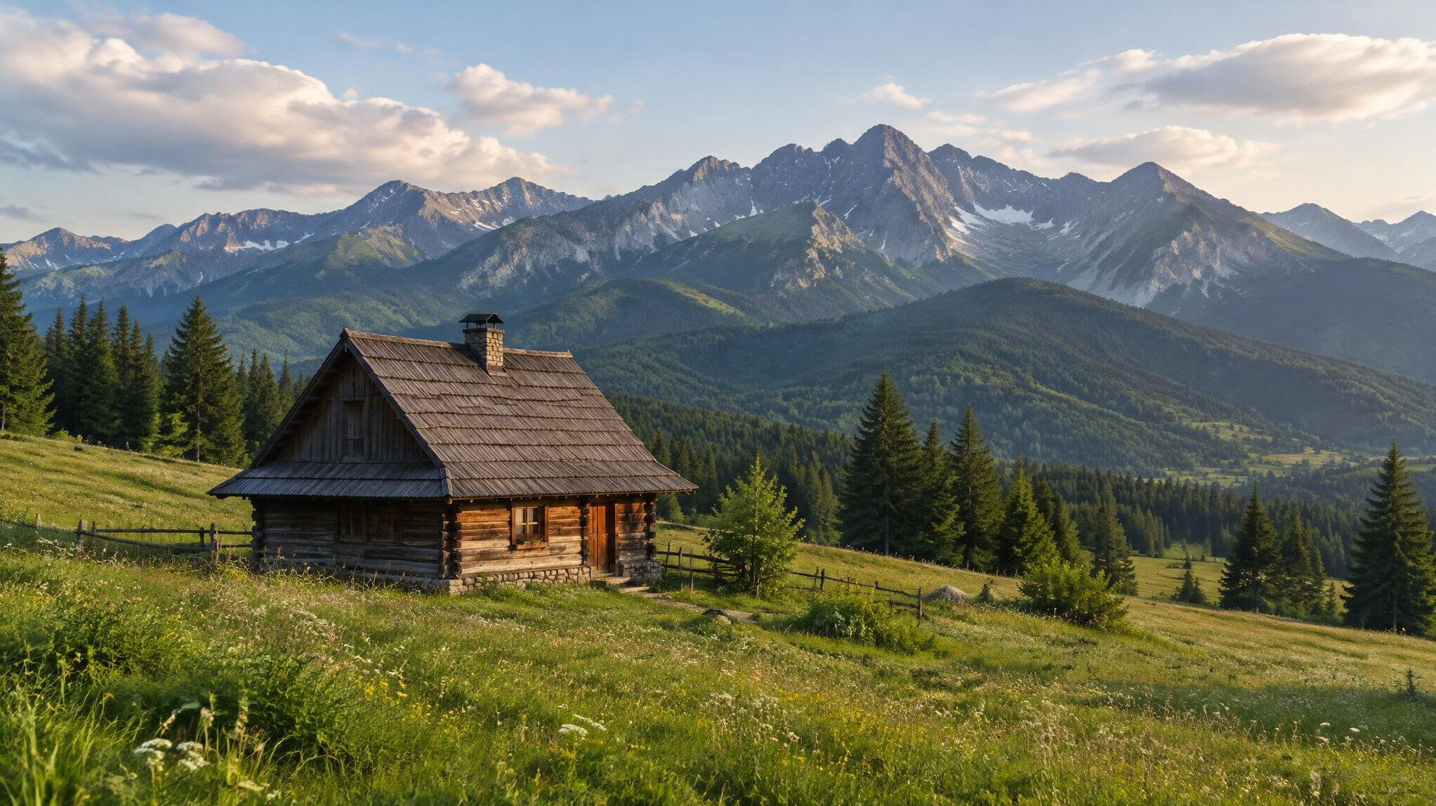 Small cabin in a field with mountains in the background