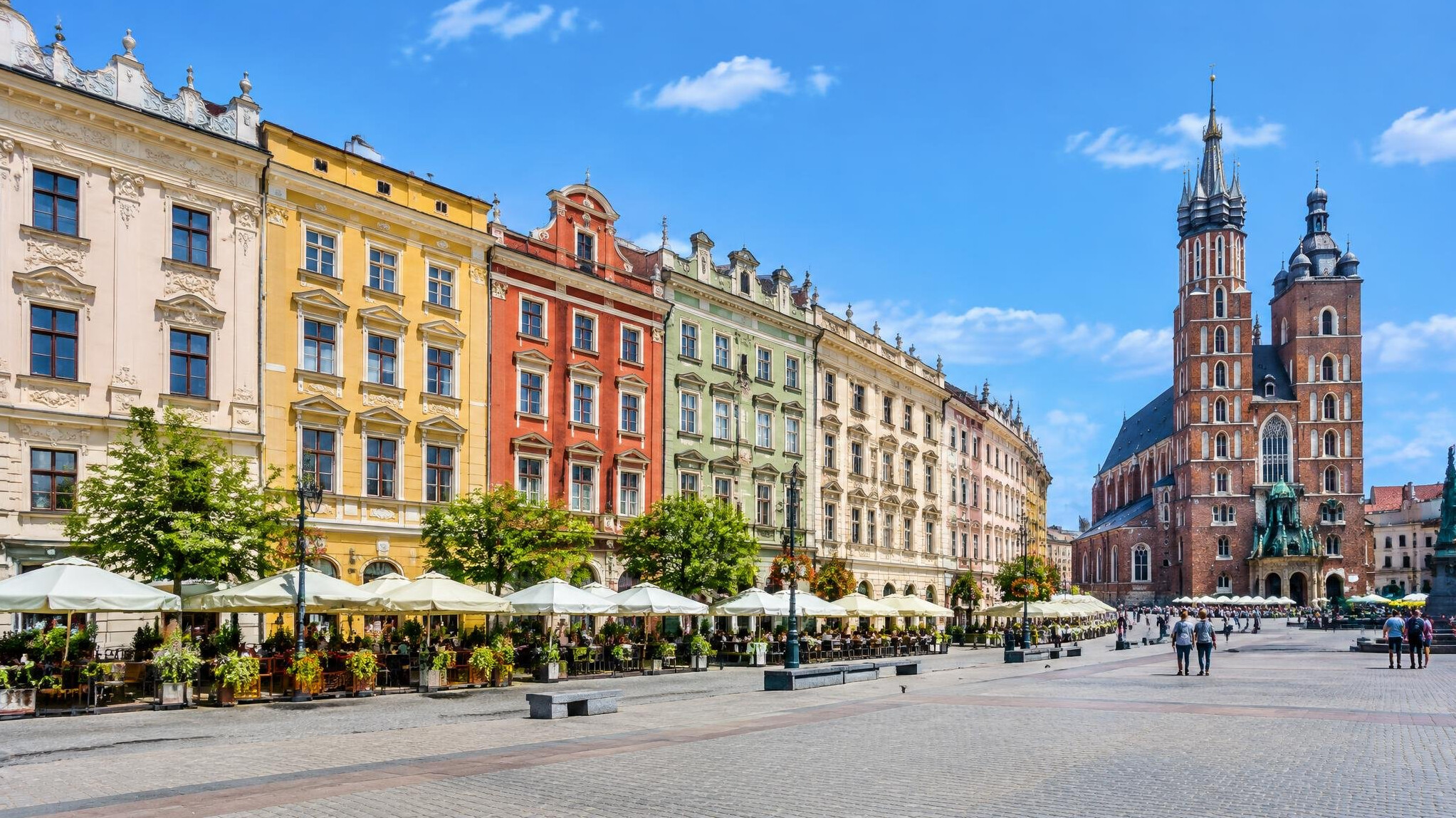 Colourful historic buildings under a blue sky in Krakow