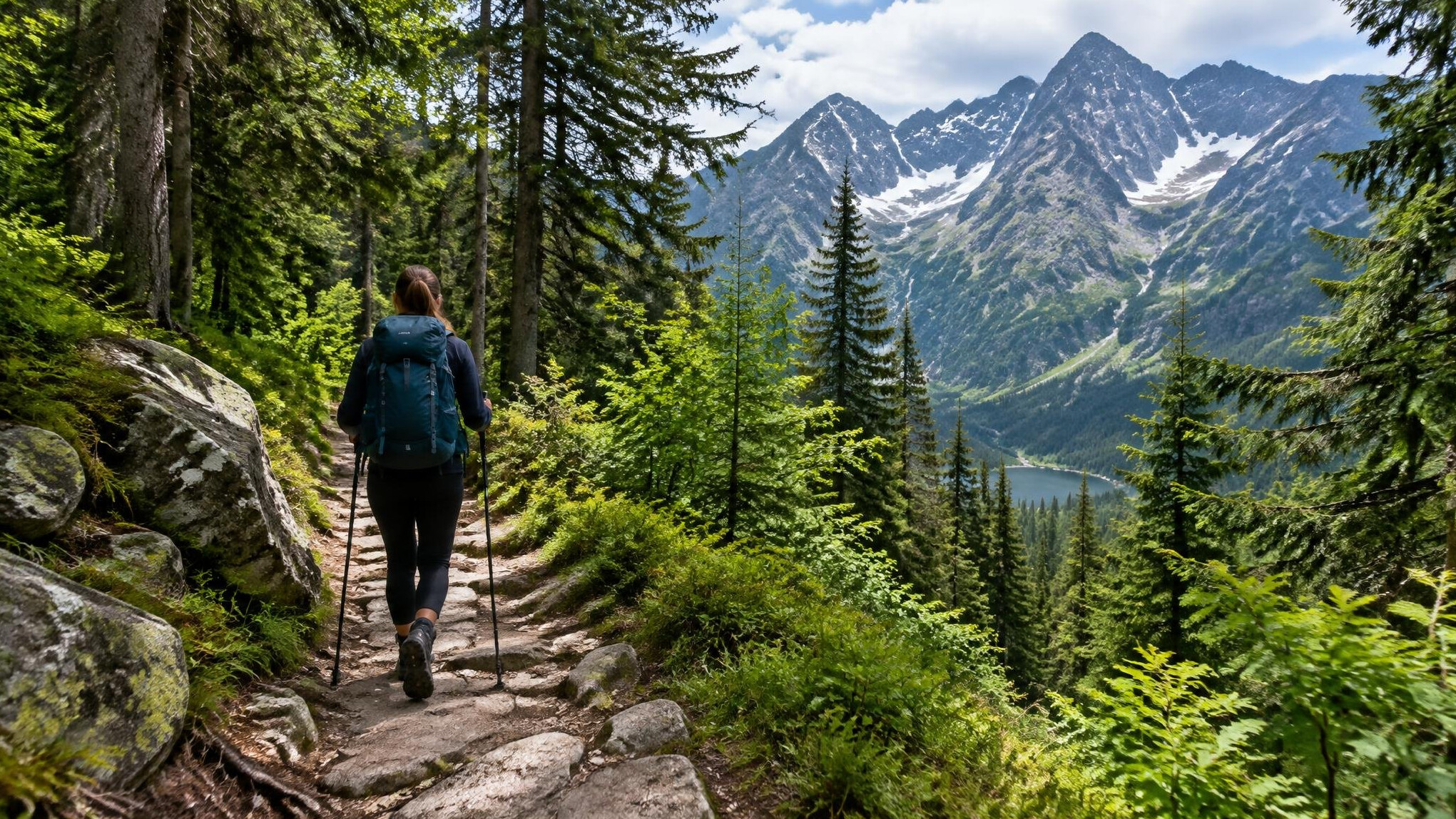 hiker on mountain trail in poland
