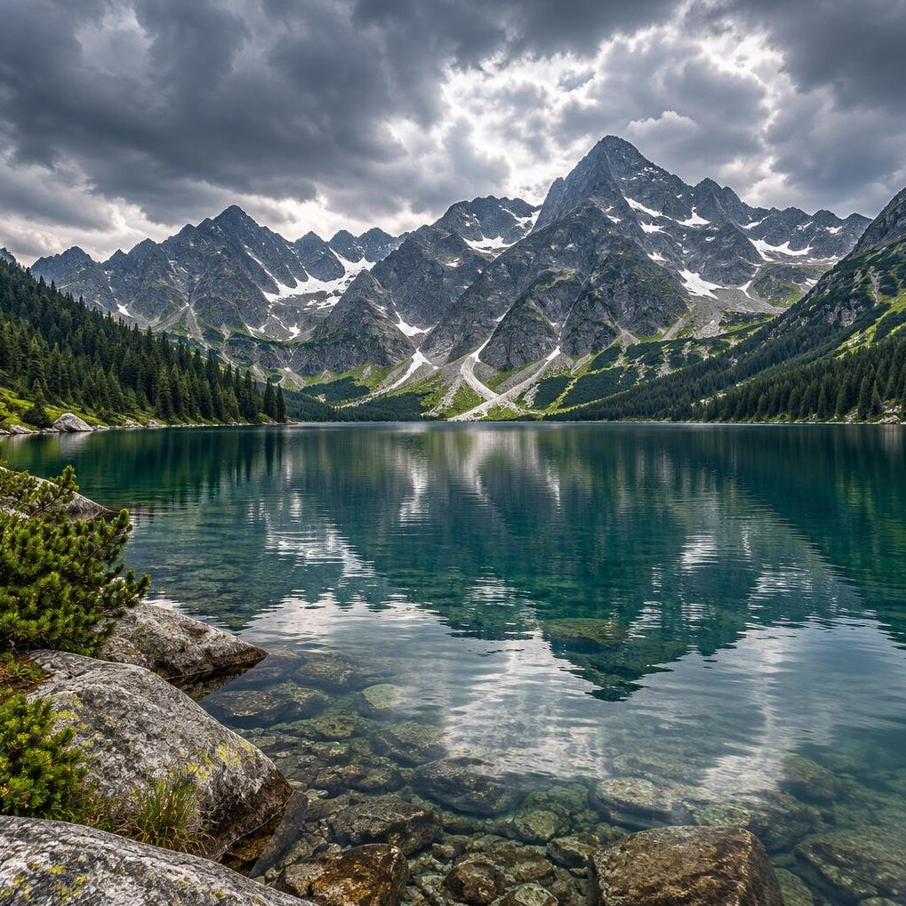 Mountain lake surrounded by Tatra peaks under a cloudy sky